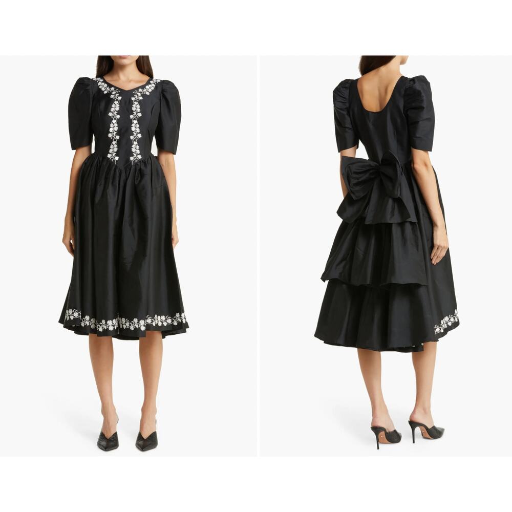 Batsheva Jolie Embroidered Dress in Black With‎ White Embroidery